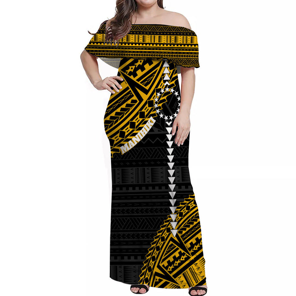 Cook Islands Tribal Personalised Off Shoulder Long Dress Island Map - Manihiki Island LT7 Long Dress Black - Polynesian Pride