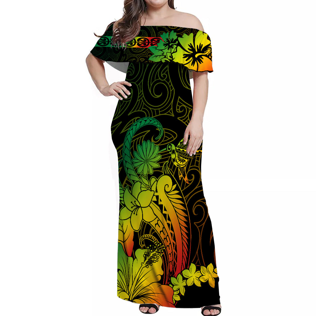 Maori Floral Pattern Off Shoulder Long Dress Hummingbird - Reggae Color LT7 Long Dress Raggae - Polynesian Pride
