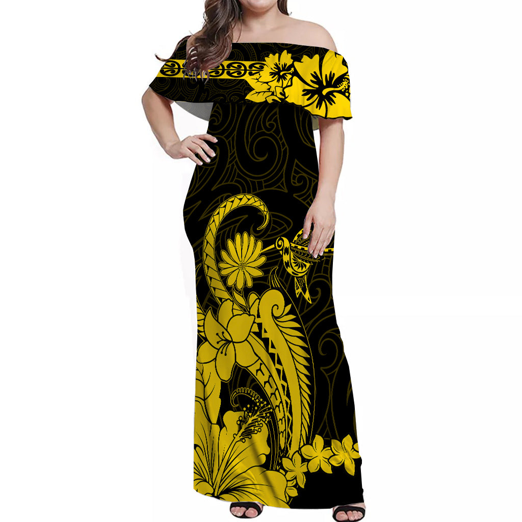 Maori Floral Pattern Off Shoulder Long Dress Hummingbird - Gold LT7 Long Dress Gold - Polynesian Pride