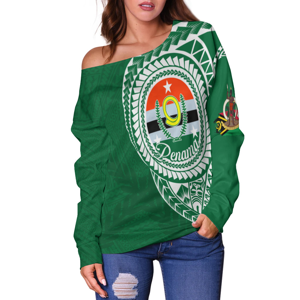 (Custom Personalised) Vanuatu Penama Province Off Shoulder Sweater Penama Emblem LT7 Green - Polynesian Pride