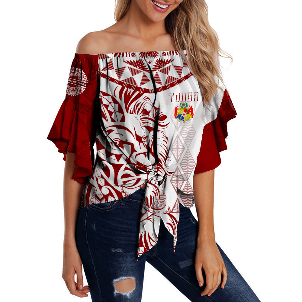 Tonga Personalised Off Shoulder Waist Wrap Top Emancipation Day Lion Style LT7 Women White - Polynesian Pride