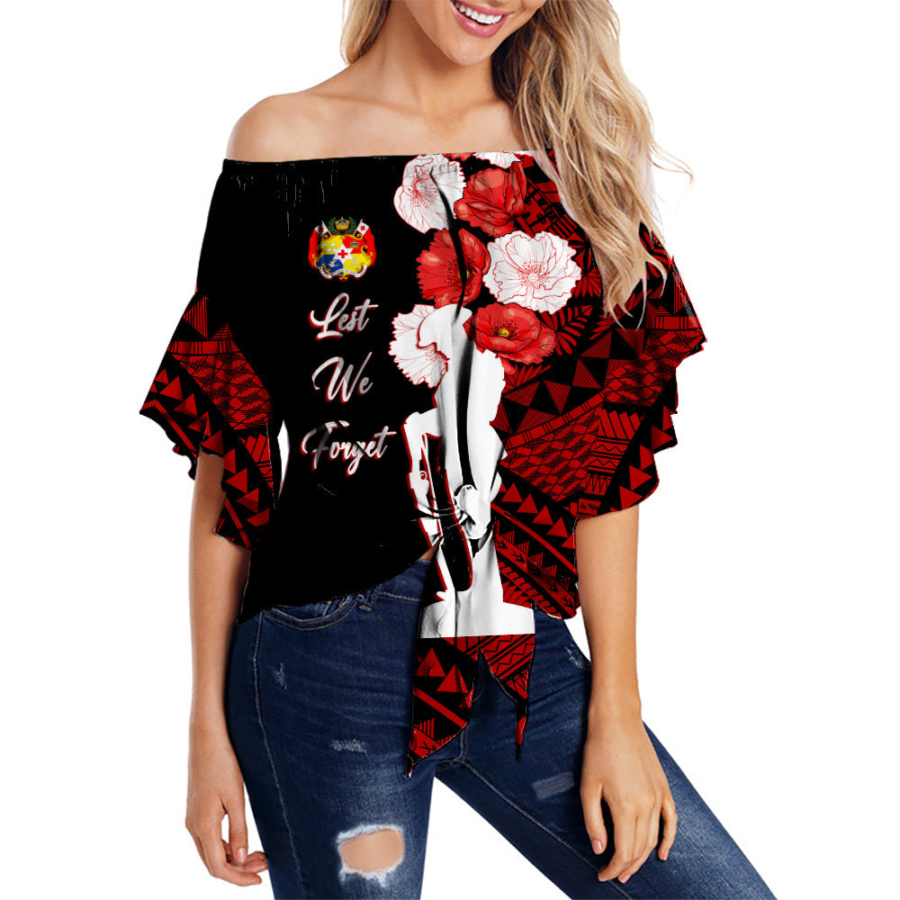 Tonga Off Shoulder Waist Wrap Top Anzac Day Lest We Forget LT7 Women Black - Polynesian Pride