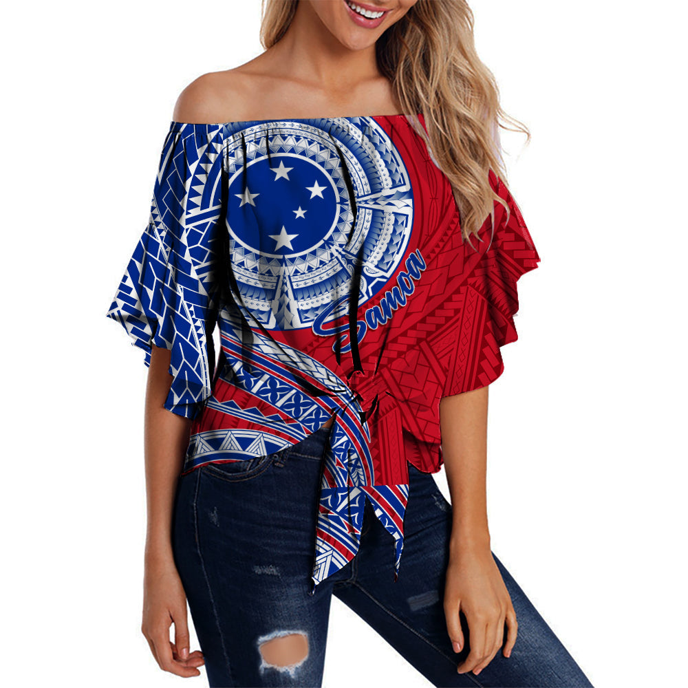 Samoa Personalised Off Shoulder Waist Wrap Top Independence Day Flag Style LT7 Women Red - Polynesian Pride
