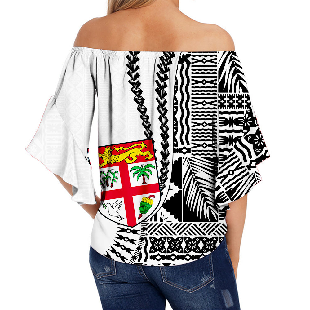 Fiji Off Shoulder Wrap Waist Top Dress Masi Tapa Patterns White Style LT6 - Polynesian Pride