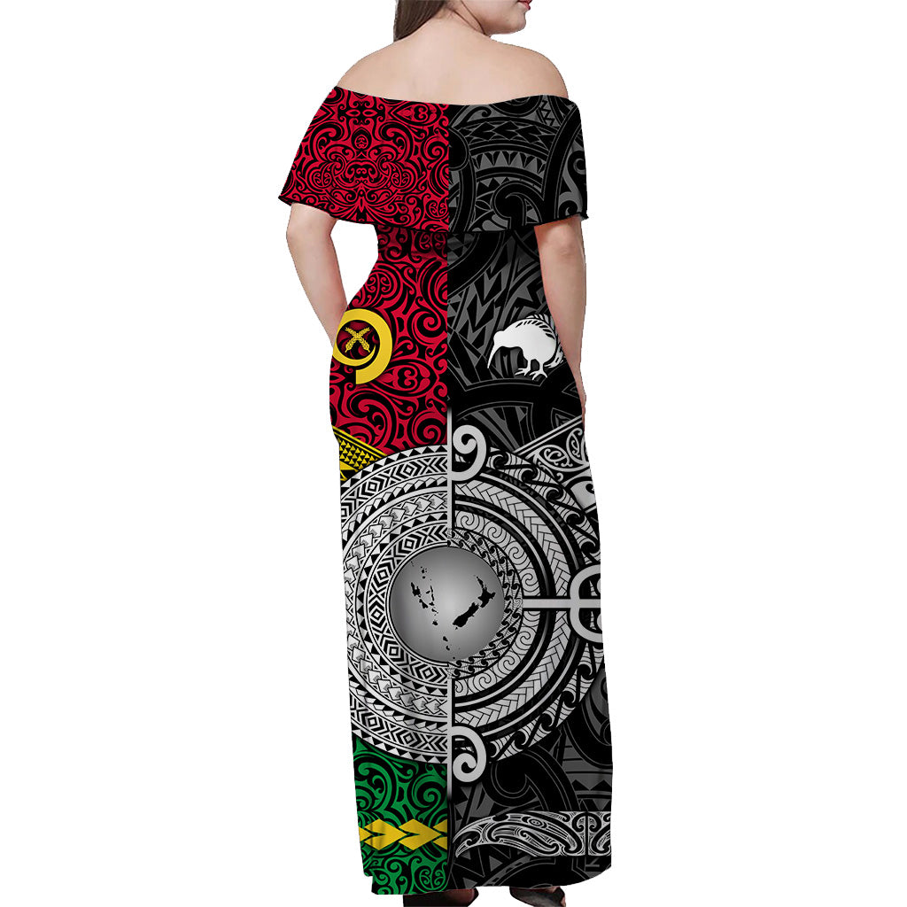 Vanuatu And New Zealand Off Shoulder Long Dress Together - Black LT8 - Polynesian Pride