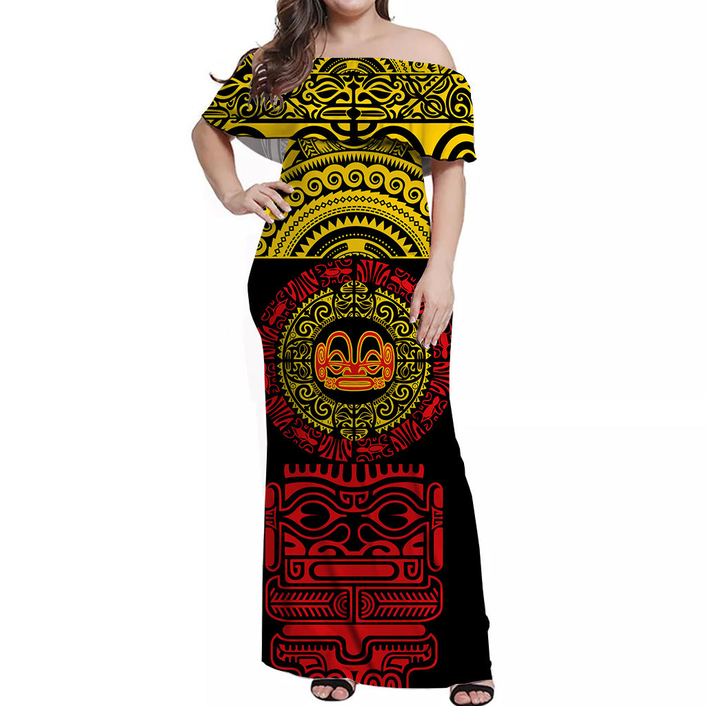 Marquesas Islands Off Shoulder Long Dress Simplified Version - Yellow Red NO.1 LT8 Long Dress Red - Polynesian Pride