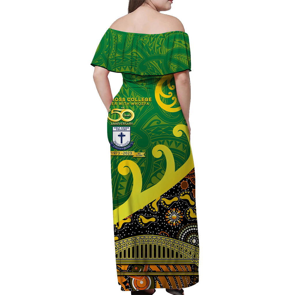 Whosfa Celebrates HCC Anniversary Fiji Australia Aboriginal Off Shoulder Long Dress Silver Fern Koru Vibes - Green LT8 - Polynesian Pride