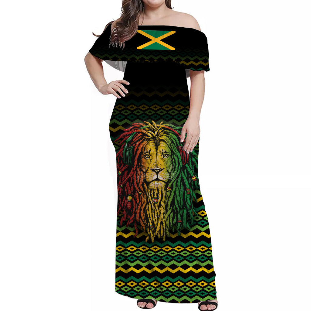 Jamaica Off Shoulder Long Dress Unique Rastafarian Lion - Flag Vibes