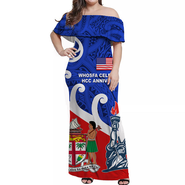 Custom Fiji Rugby Off The Shoulder Long Sleeve Dress Go Fijian Tapa Arty with World Cup Vibe LT9