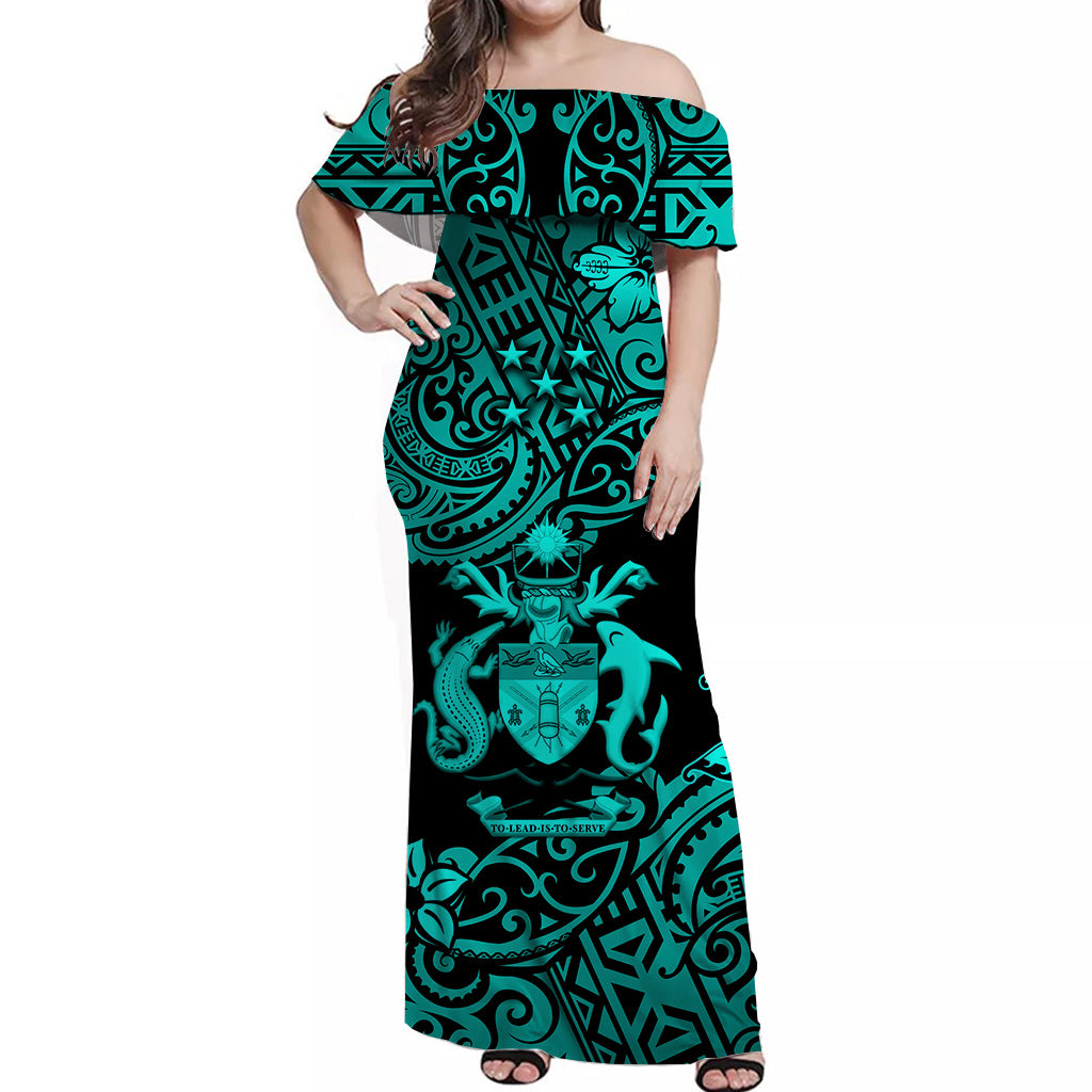 Solomon Islands Off Shoulder Long Dress Unique Vibes - Turquoise NO.1 LT8 - Polynesian Pride