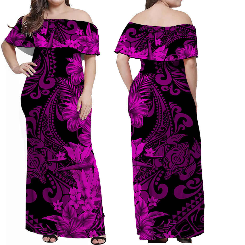 Hawaii Flowers Mix Tribal Pattern Off Shoulder Long Dress - Polynesian Pride Hawaii Flowers Mix Tribal Pattern Off Shoulder Long Dress - Polynesian Pride