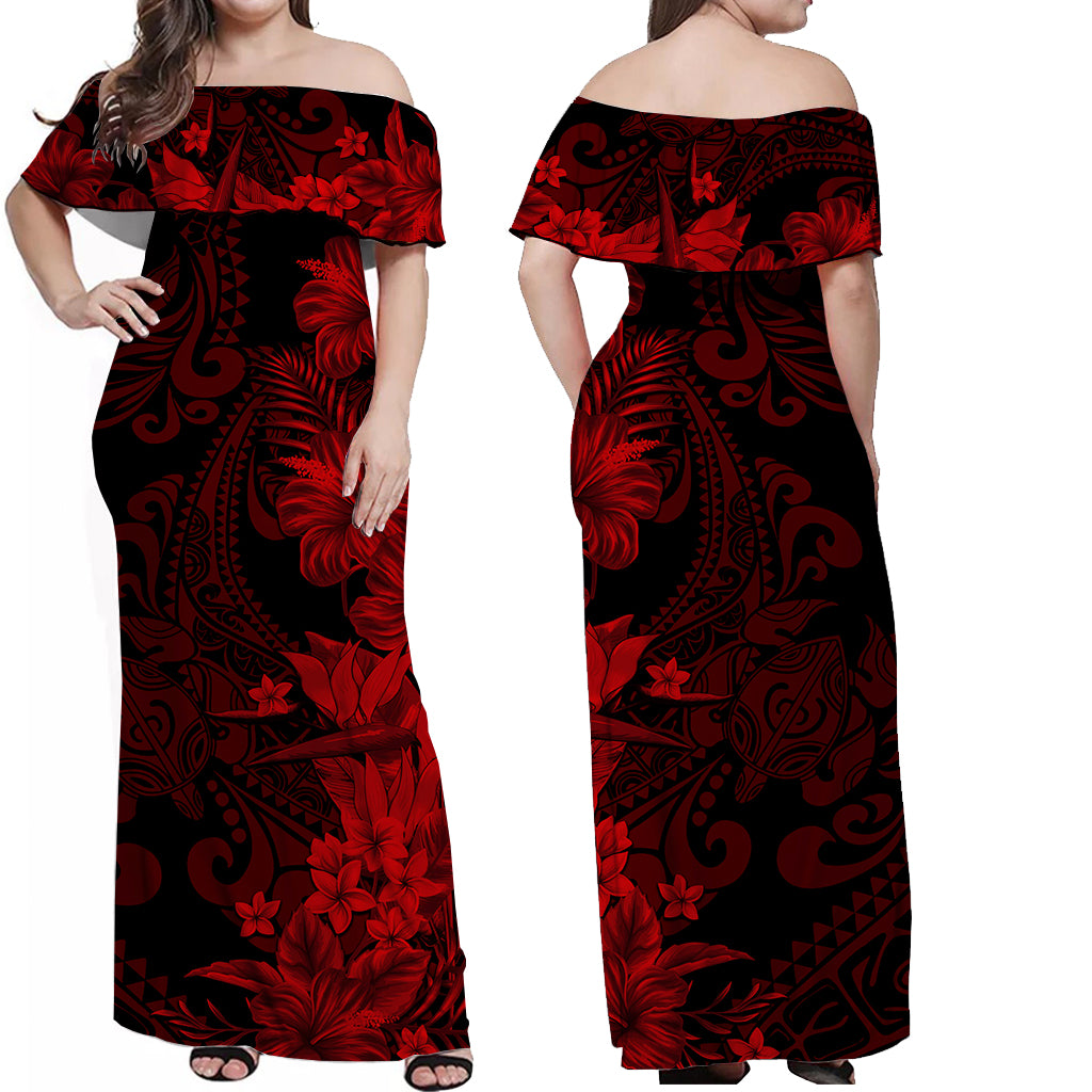 Hawaii Flowers Mix Tribal Pattern Off Shoulder Long Dress Hawaii Flowers Mix Tribal Pattern Off Shoulder Long Dress