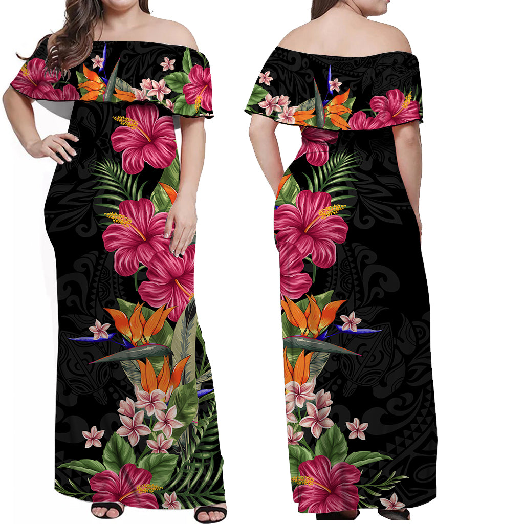Hawaii Flowers Mix Tribal Pattern Off Shoulder Long Dress Red | Hawaii Flowers Mix Tribal Pattern Off Shoulder Long Dress Red |