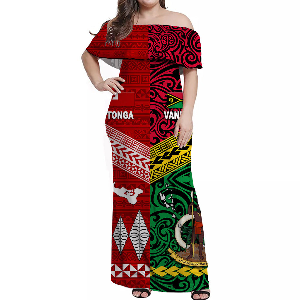 Vanuatu And Tonga Off Shoulder Long Dress Polynesian Together - Bright Red LT8 - Polynesian Pride