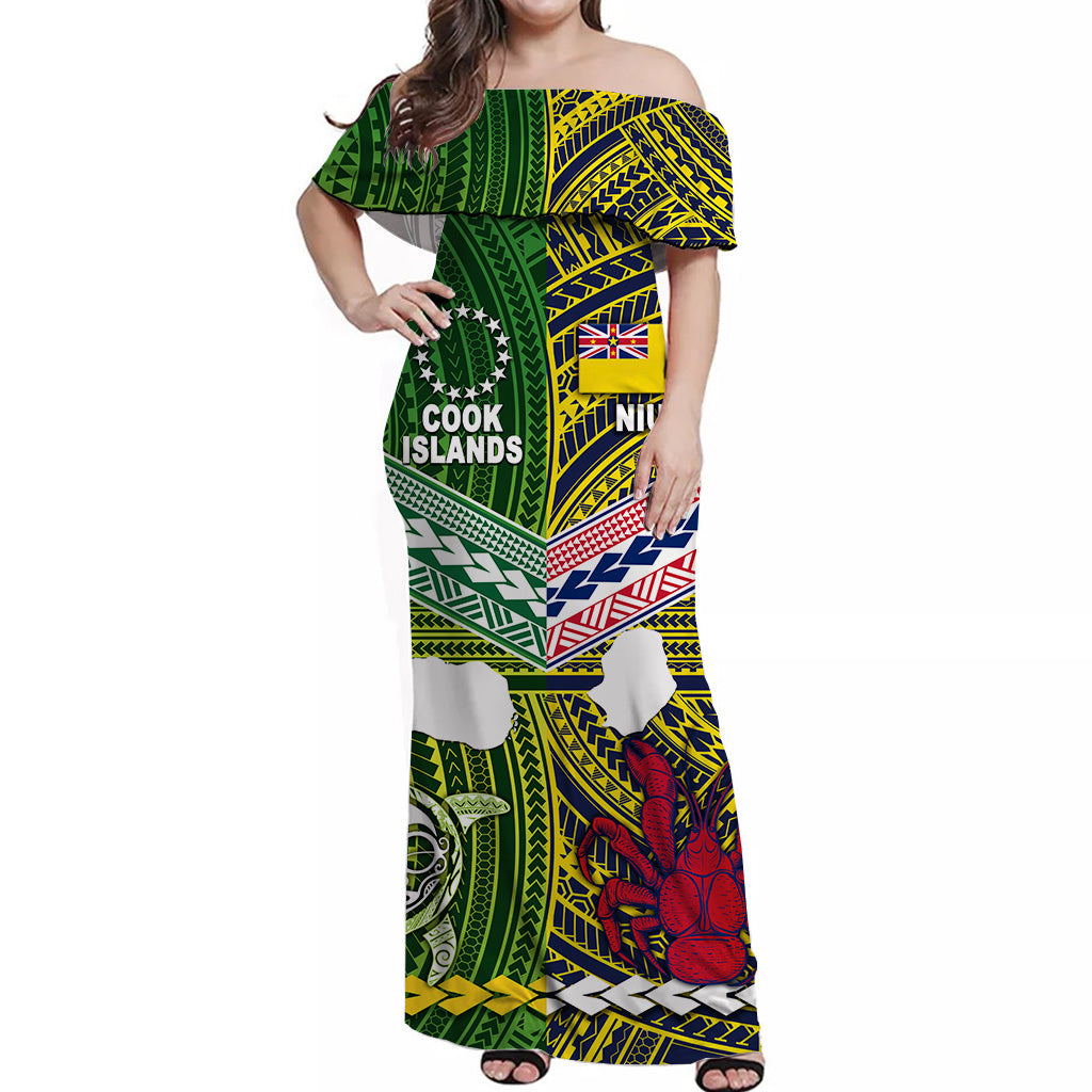 Cook Islands And Niue Off Shoulder Long Dress Together LT8 - Polynesian Pride