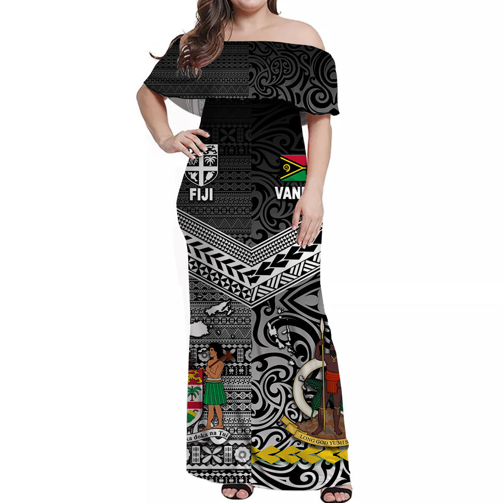 Vanuatu And Fiji Off Shoulder Long Dress Together - Black LT8 - Polynesian Pride