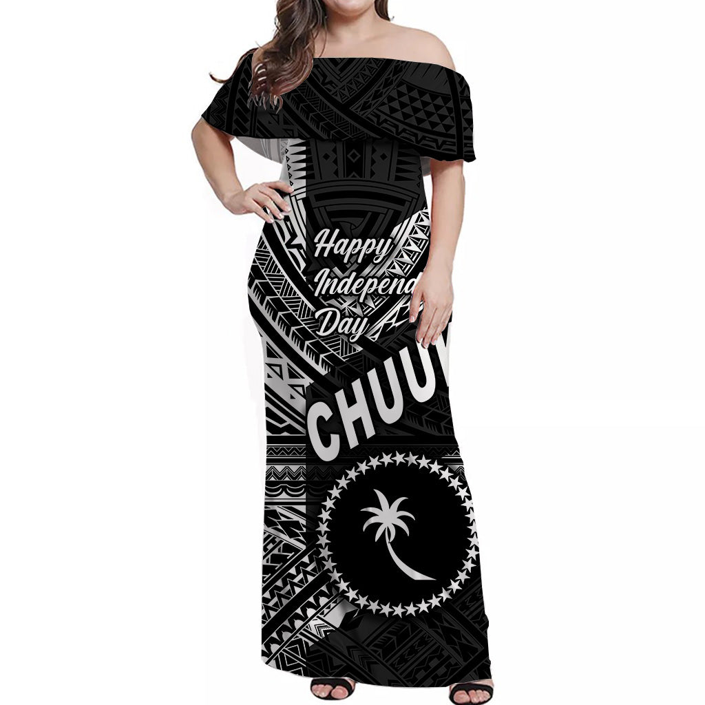 FSM Chuuk Off Shoulder Long Dress Happy Independence Day Original Vibes - Black LT8 - Polynesian Pride