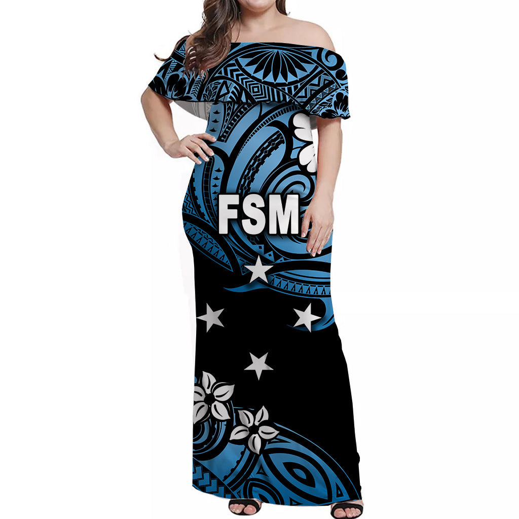 FSM Federated States of Micronesia Off Shoulder Long Dress Unique Vibes - Blue NO.1 LT8 - Polynesian Pride