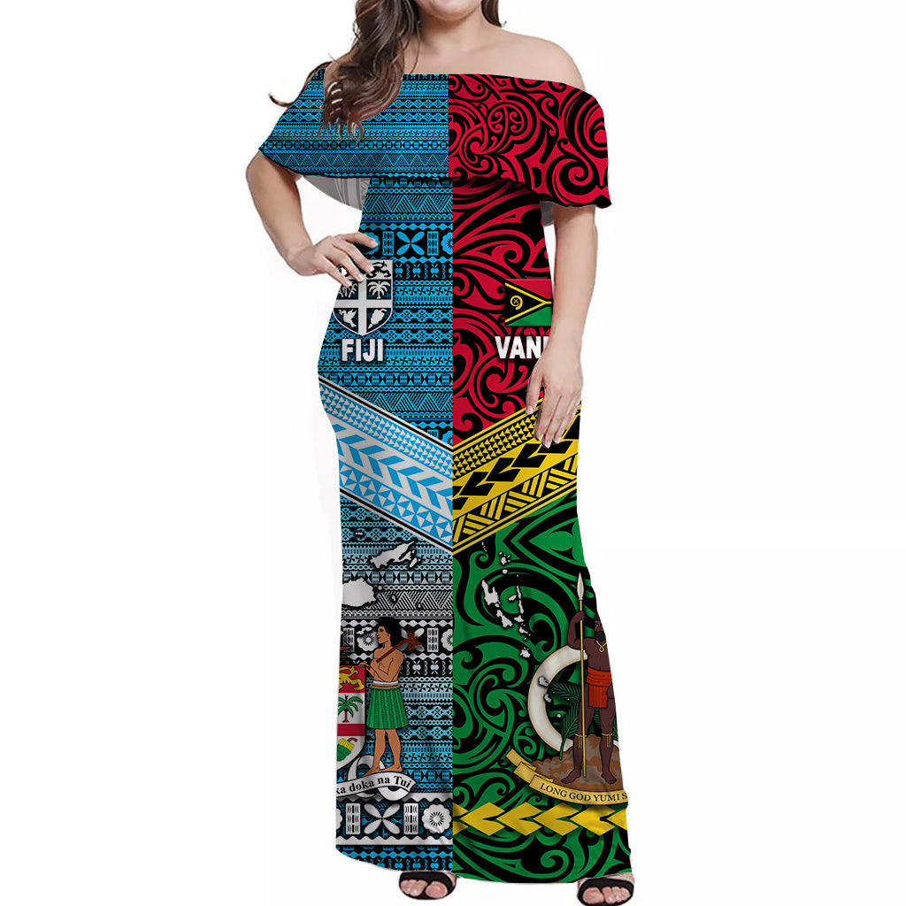 Vanuatu And Fiji Off Shoulder Long Dress Together - Bright Color LT8 - Polynesian Pride