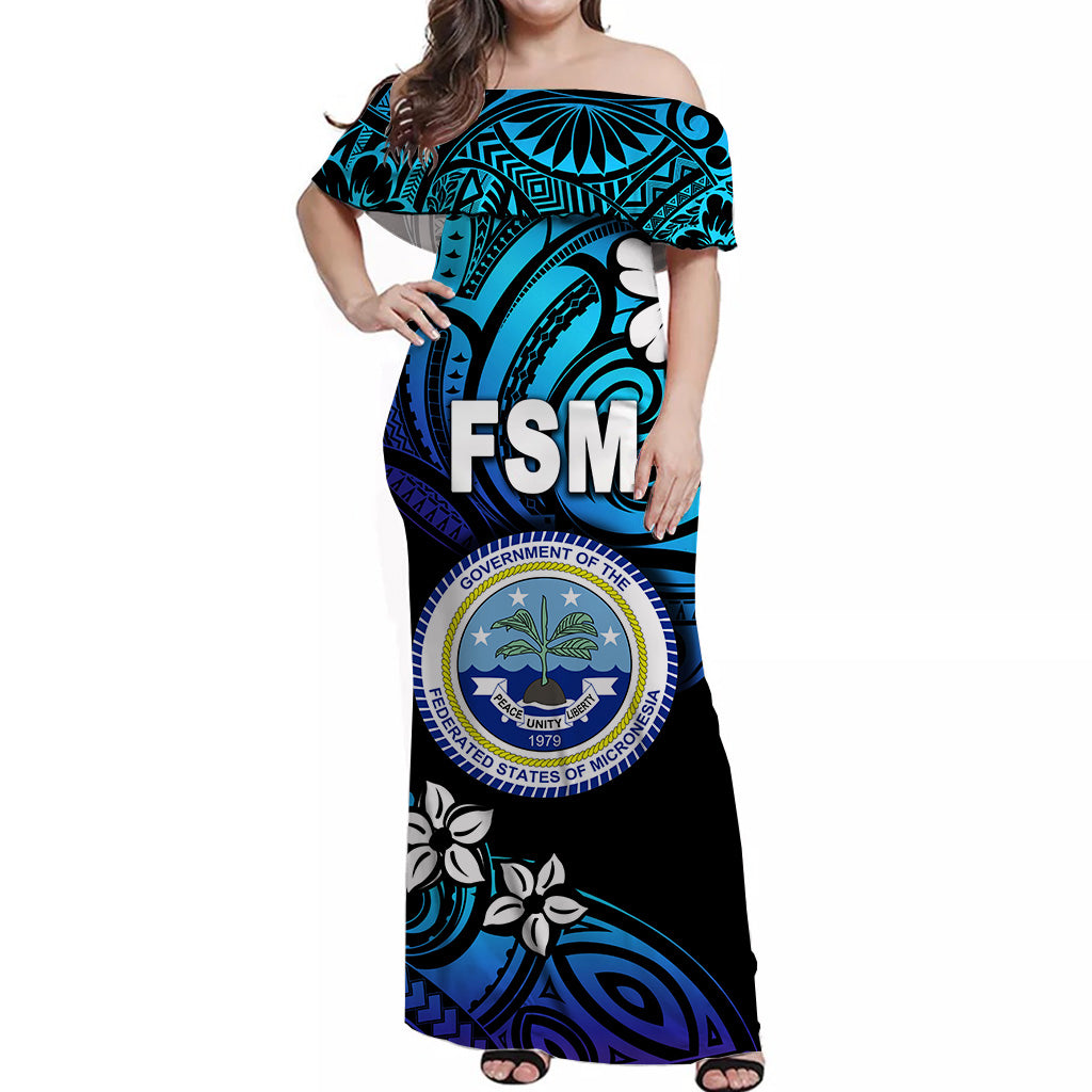 FSM Federated States of Micronesia Off Shoulder Long Dress Unique Vibes - Blue LT8 - Polynesian Pride