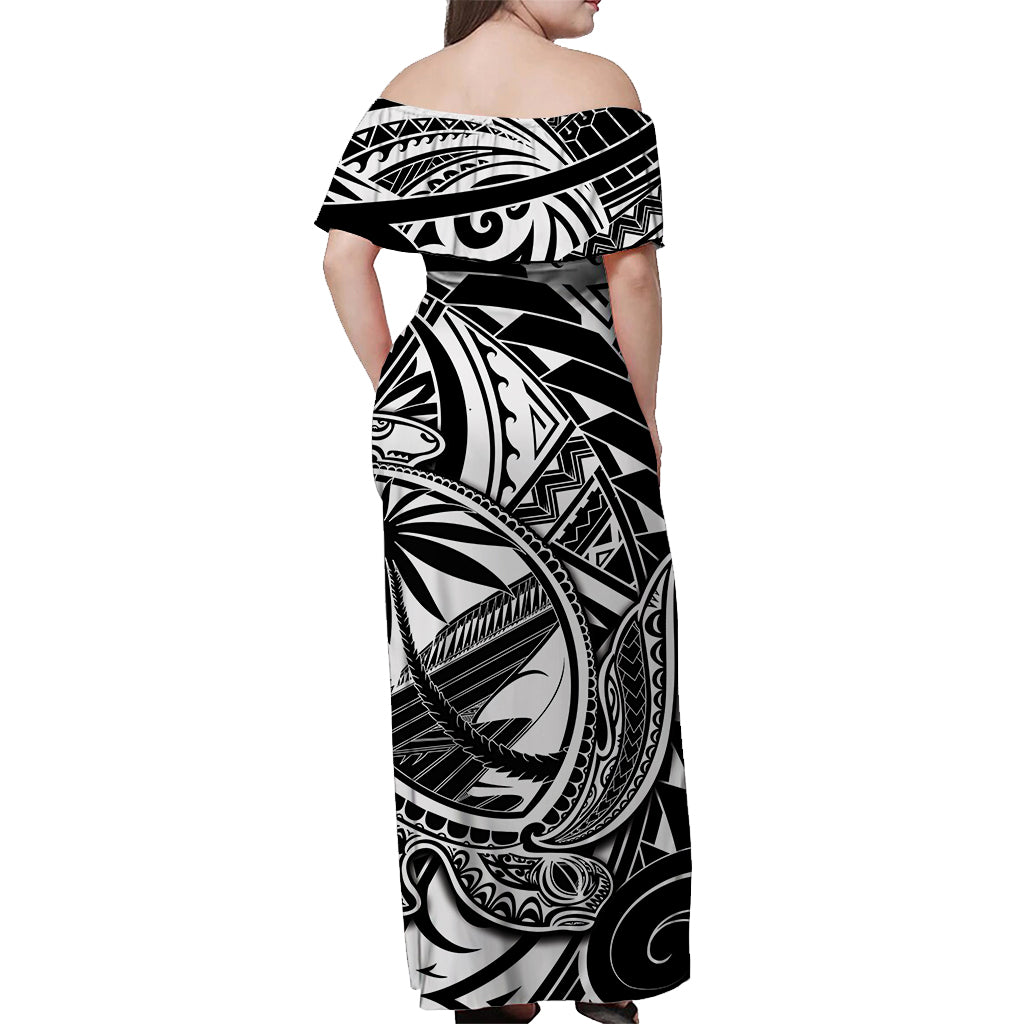 Guam Off Shoulder Long Dress Turtle Mix Polynesian White Style LT6 - Polynesian Pride