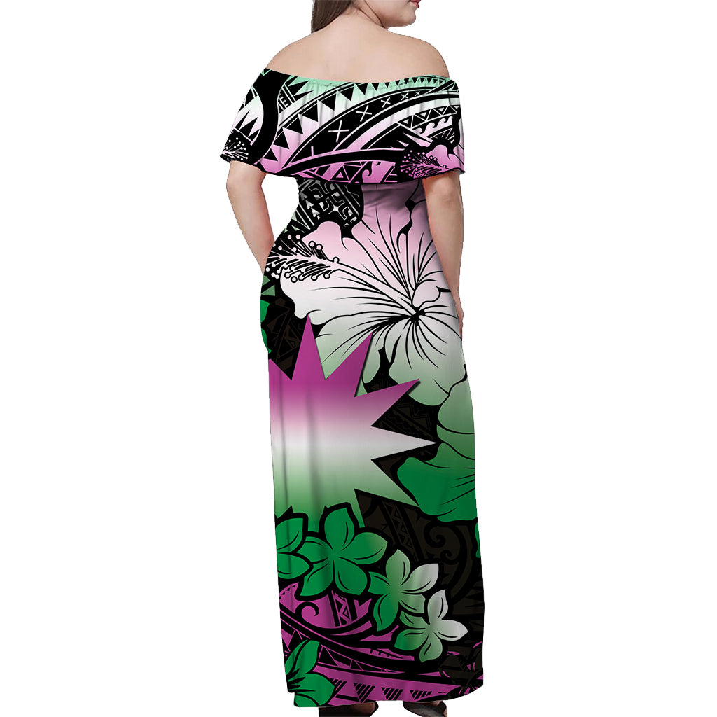 Nauru Off Shoulder Long Dress Hibiscus Mix Polynesian No.3 LT6 - Polynesian Pride