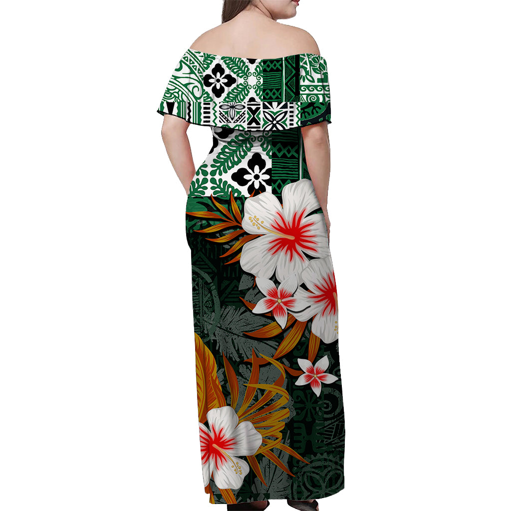 Hawaii Tiki Off Shoulder Long Dress Green Style LT6 - Polynesian Pride