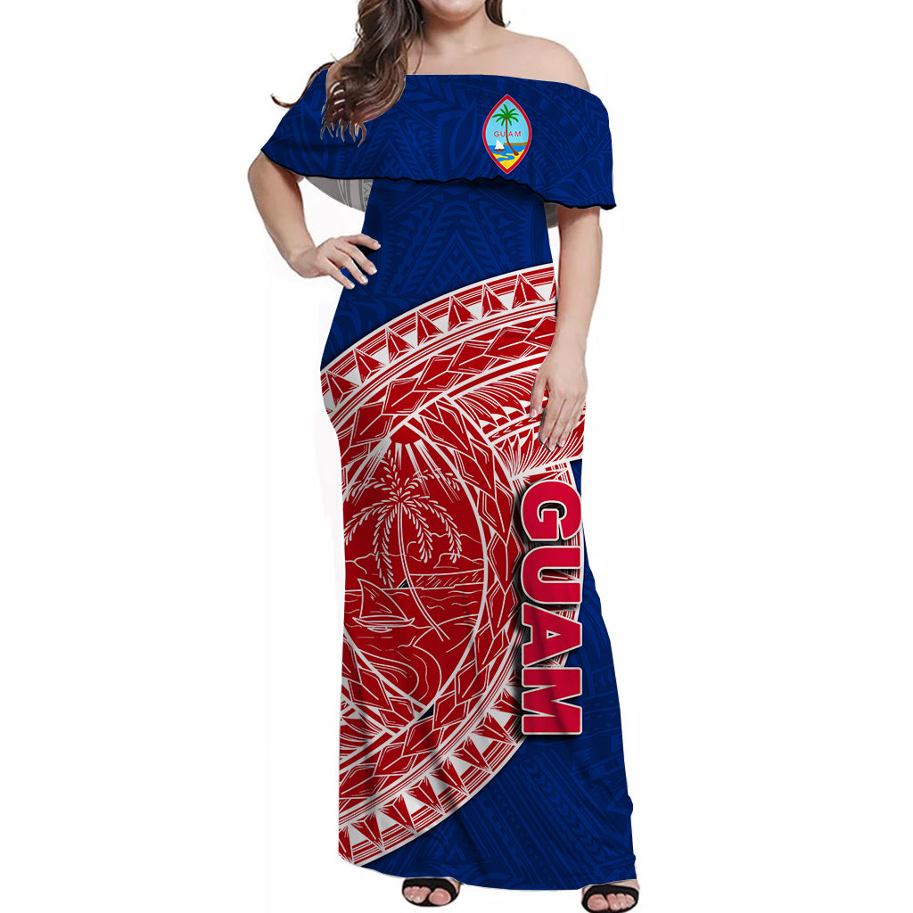 Guam Off Shoulder Long Dress Coat Of Arms Mix Polynesian Blue Color LT6 Long Dress Blue - Polynesian Pride