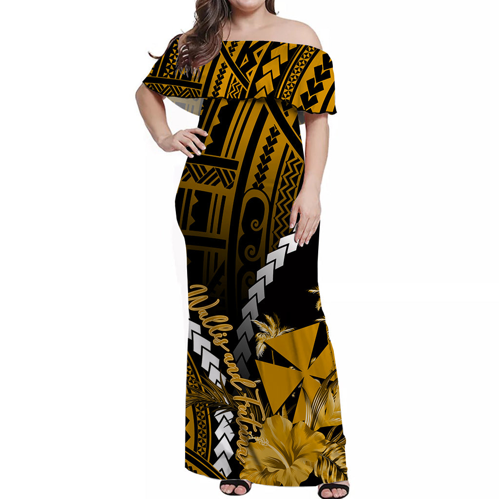 Wallis and Futuna Off Shoulder Long Dress Polynesian Style Gold Color LT6 Long Dress Gold - Polynesian Pride