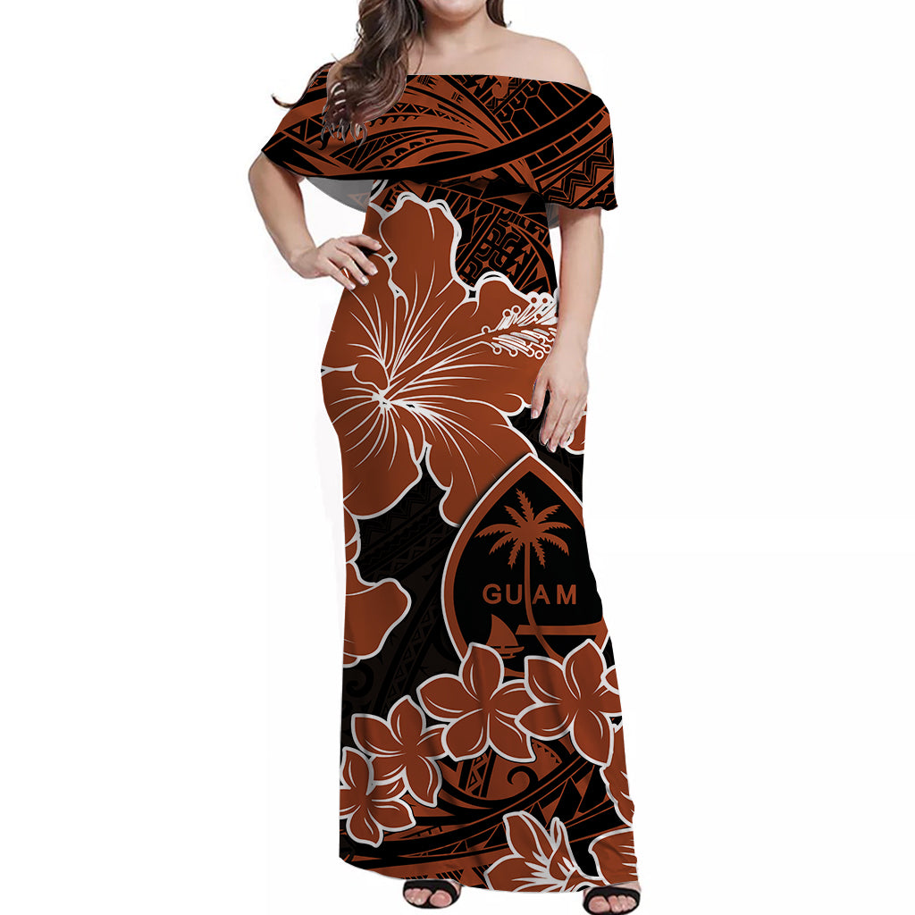 Guam Off Shoulder Long Dress Hibiscus Brown Style LT6 Long Dress Brown - Polynesian Pride