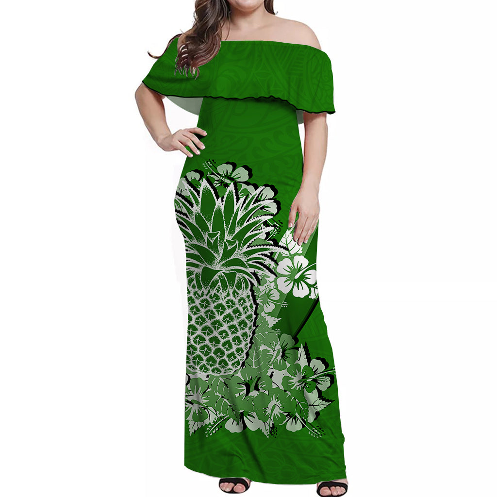 Hawaii Pineapple Off Shoulder Long Dress Polynesian Green Style |  Polynesian pride
