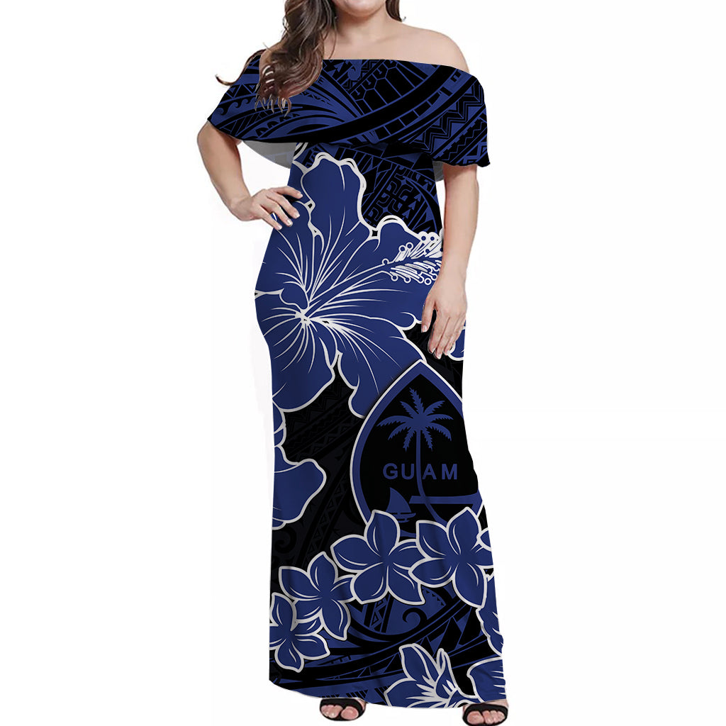 Guam Off Shoulder Long Dress Hibiscus Dark Blue Style LT6 Long Dress Blue - Polynesian Pride