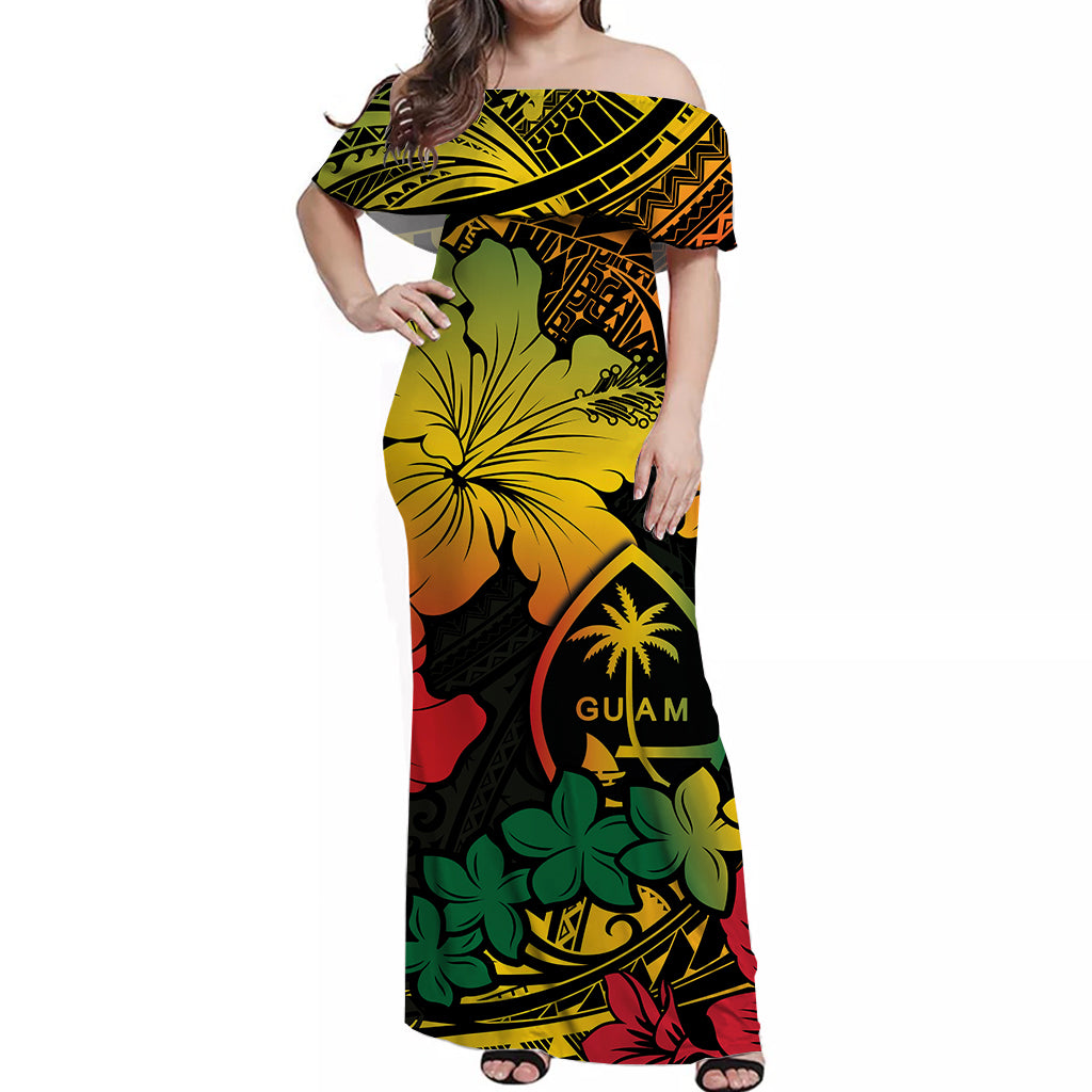 Guam Off Shoulder Long Dress Hibiscus Style LT6 Long Dress Black - Polynesian Pride