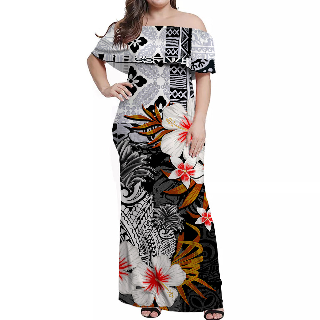 Hawaii Pineapple Off Shoulder Long Dress Black Style LT6 Long Dress Black - Polynesian Pride