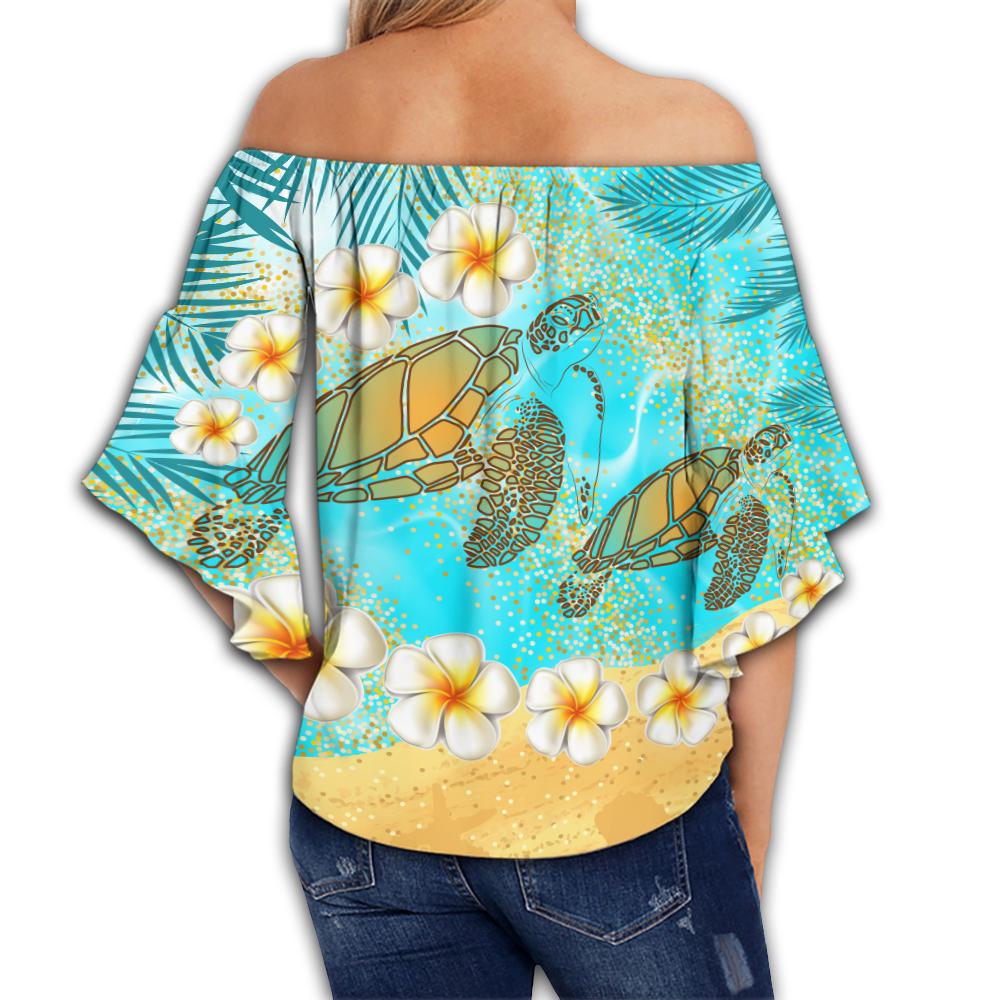 Hawaii Turtle Plumeria Summer Off Shoulder Waist Wrap Top - Sea Style - AH - Polynesian Pride