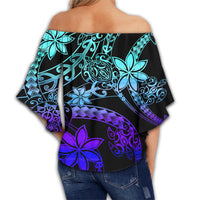Hawaii Polynesian Turtles Plumeria Off Shoulder Waist Wrap Top - Cool Colors - AH - Polynesian Pride