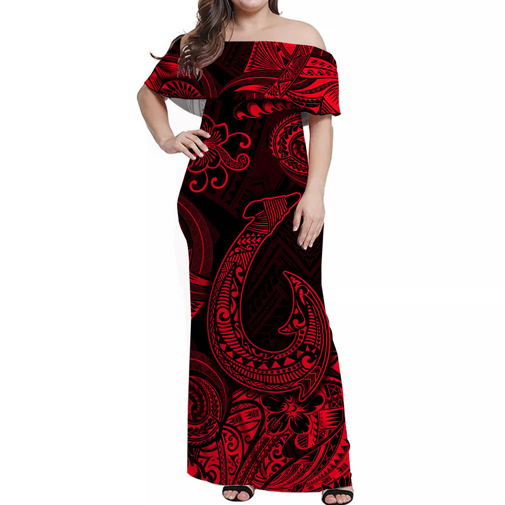 Hawaii Fish Hook Polynesian Off Shoulder Long Dress Unique Style - Red -  Polynesian Pride