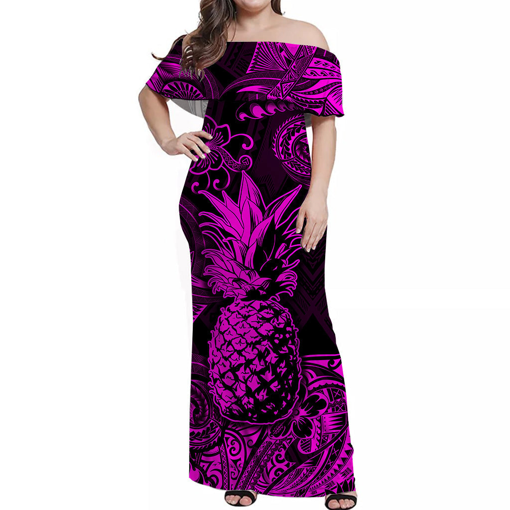 Hawaii Pineapple Polynesian Off Shoulder Long Dress Unique Style - Pink LT8 Women Pink - Polynesian Pride