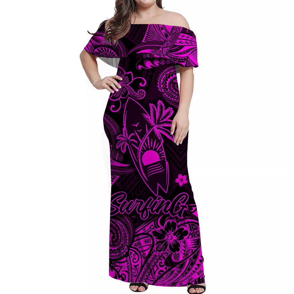Hawaii Surfing Polynesian Off Shoulder Long Dress Unique Style - Pink LT8 Women Pink - Polynesian Pride