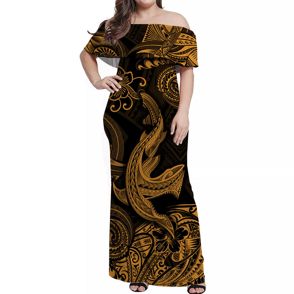 Hawaii Angry Shark Polynesian Off Shoulder Long Dress Unique Style - Gold LT8 Women Gold - Polynesian Pride
