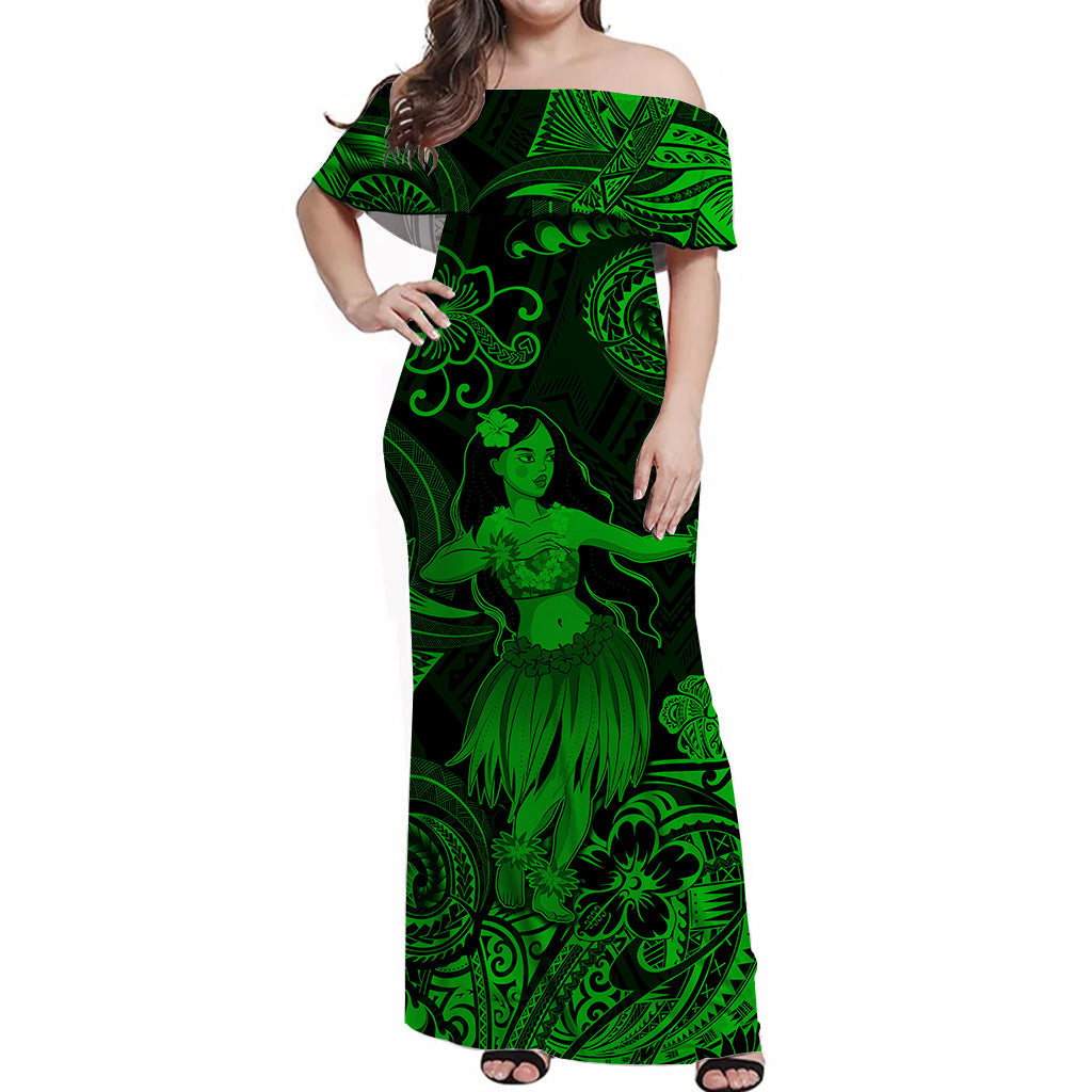 Hawaii Hula Girl Polynesian Off Shoulder Long Dress Unique Style - Gre