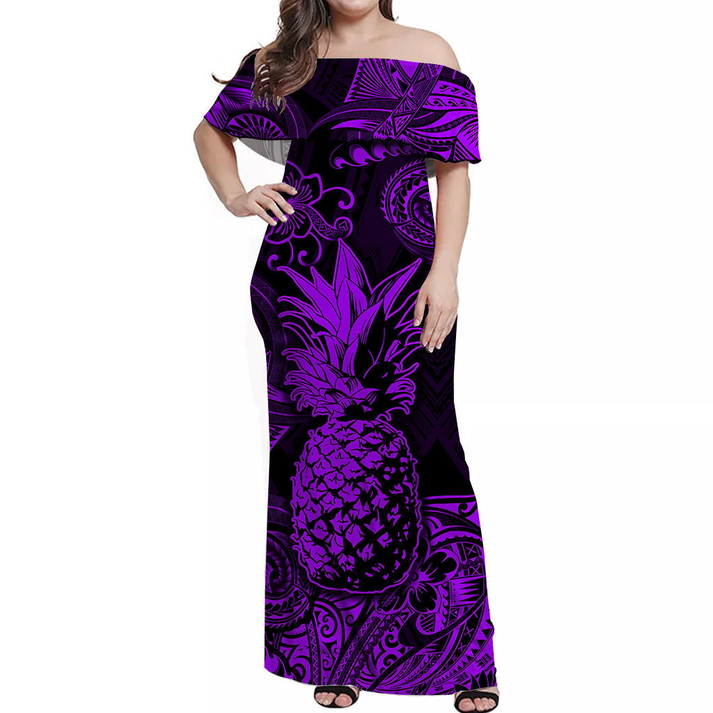Hawaii Pineapple Polynesian Off Shoulder Long Dress Unique Style - Purple LT8 Women Purple - Polynesian Pride