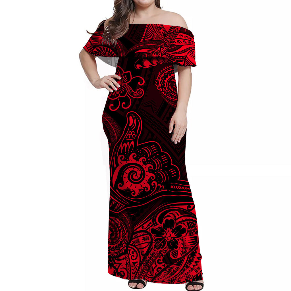 Hawaii Shaka Polynesian Off Shoulder Long Dress Unique Style - Red LT8 Women Red - Polynesian Pride