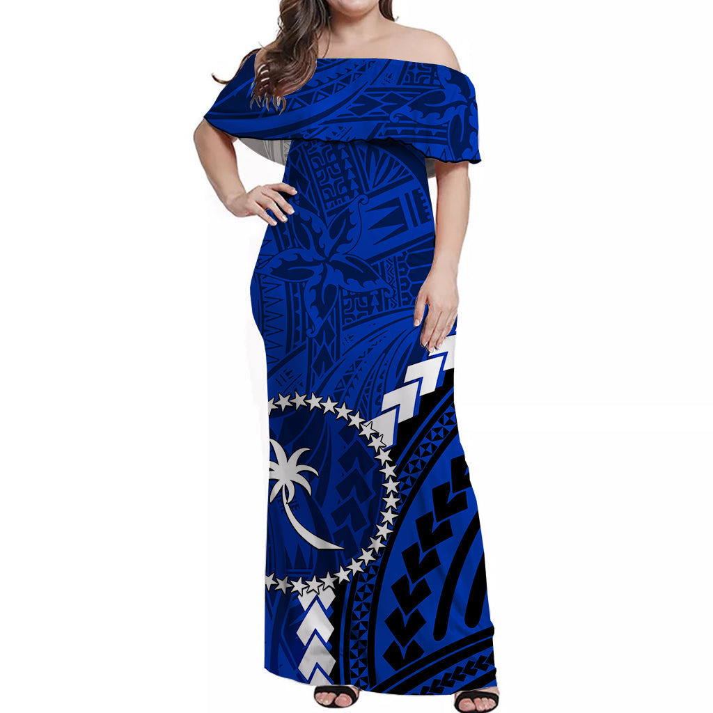 Chuuk Off Shoulder Long Dress Polynesian Style LT6 Polyester/spandex Blue - Polynesian Pride