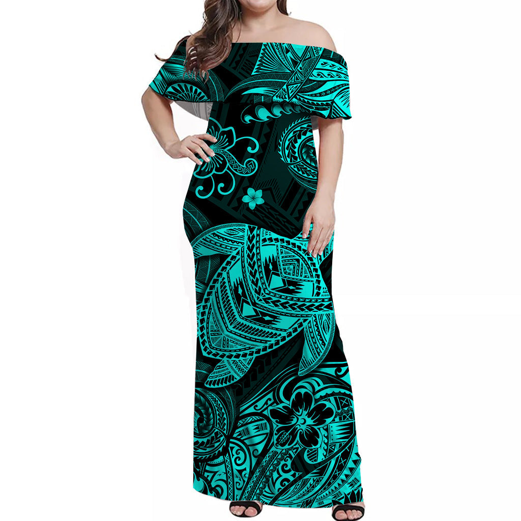 hawaii-turtle-polynesian-off-shoulder-long-dress-plumeria-flower-unique-style-turquoise