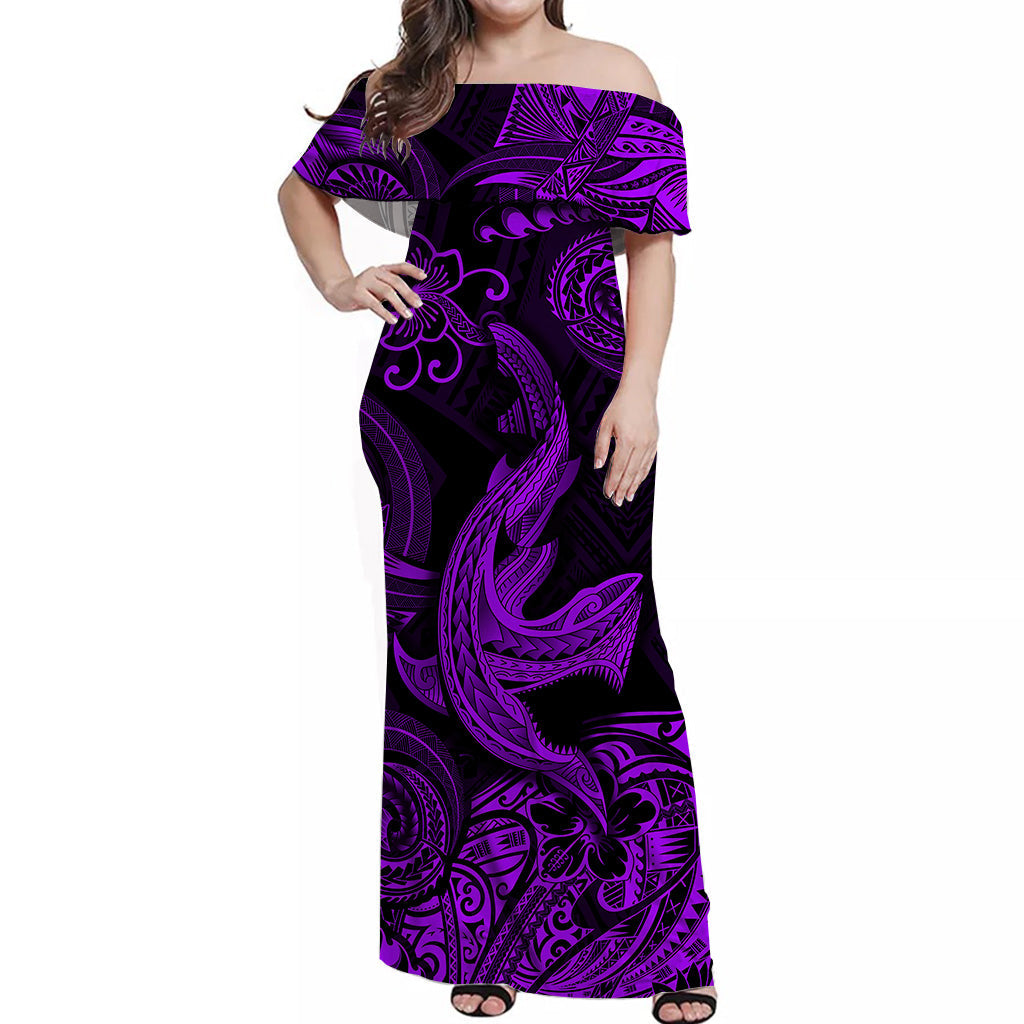 Hawaii Angry Shark Polynesian Off Shoulder Long Dress Unique Style - Purple LT8 - Polynesian Pride