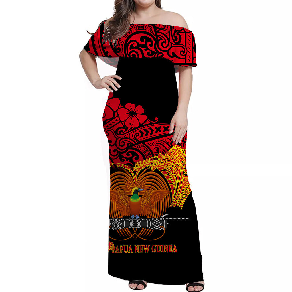 Papua New Guinea Off Shoulder Long Dress Bird Of Paradise LT6 Women Black - Polynesian Pride