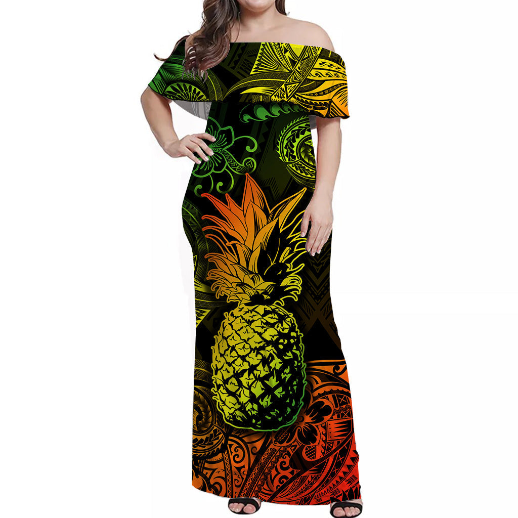 Hawaii Pineapple Polynesian Off Shoulder Long Dress Unique Style - Reggae LT8 Women Reggae - Polynesian Pride