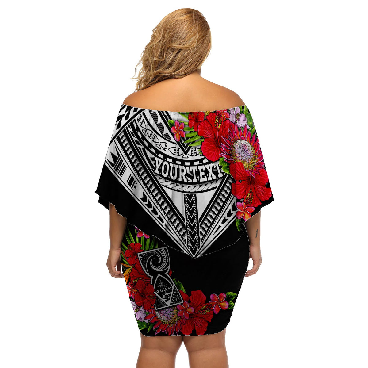 (Custom Personalised) Guam Chamorro Off Shoulder Short Dress Guaman Latte Stone Tropical Flowers Black Version LT14 - Polynesian Pride