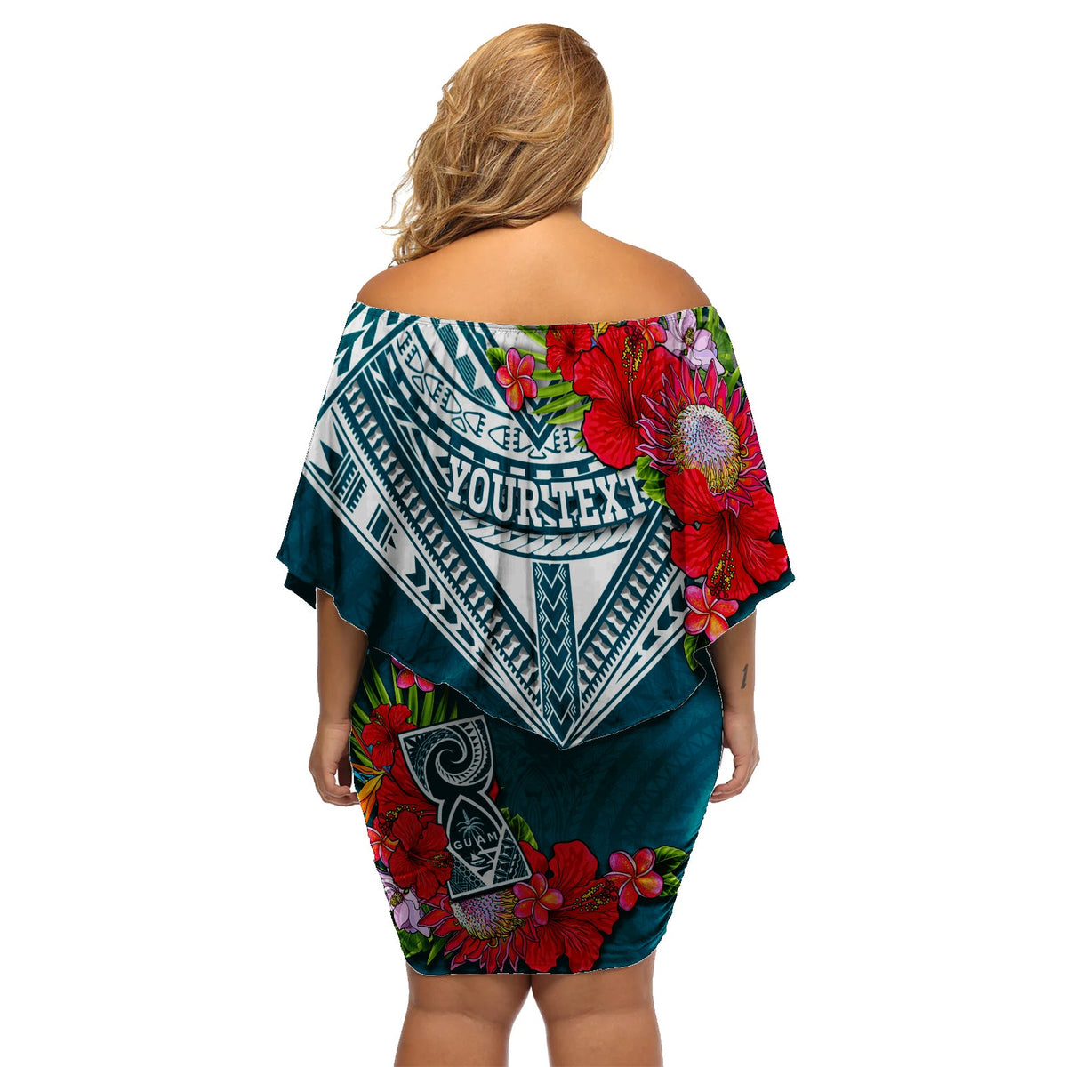 (Custom Personalised) Guam Chamorro Off Shoulder Short Dress Guaman Latte Stone Tropical Flowers Turquoise Version LT14 - Polynesian Pride